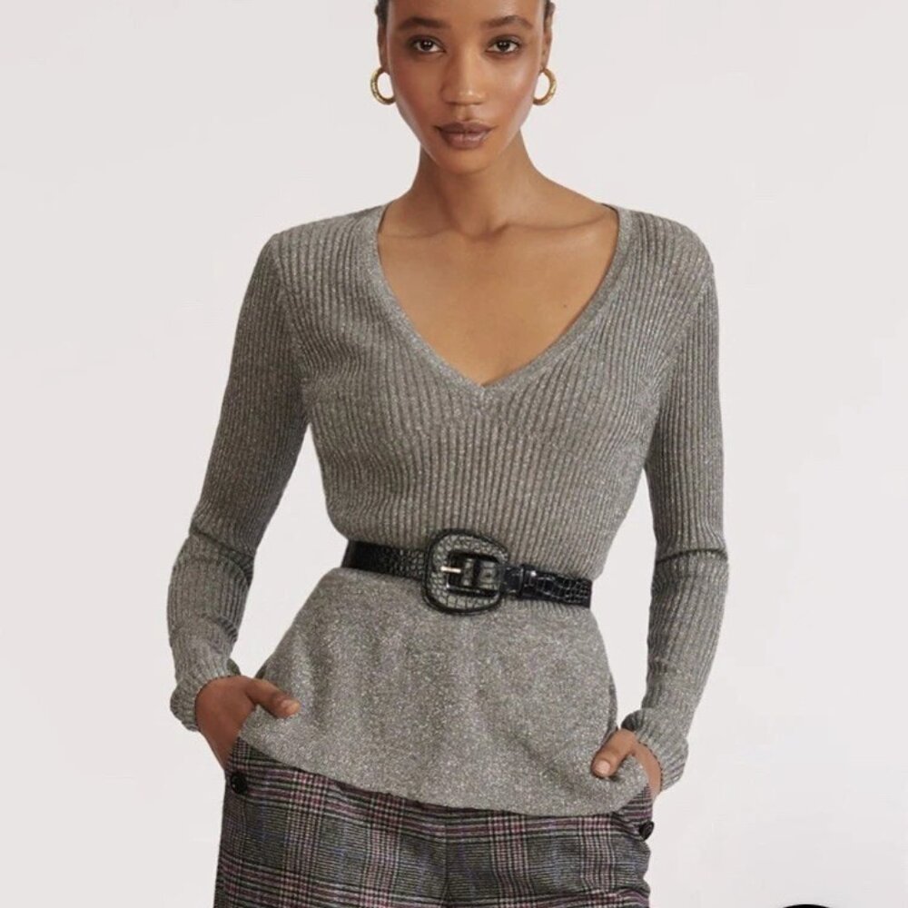VERONICA BEARD Sweater Esmeralda V-Neck Metallic Ribbed Peplum Pullover Sz XS